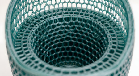 A detailed macro shot looking down into a green, 3D-printed object, revealing its intricate honeycomb or hexagonal lattice structure. The image highlights the precision and complexity of modern additive manufacturing technology and design.の素材
