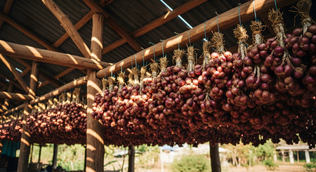 Large bunches of harvested red onions or shallots are tied together and hung from wooden beams to dry and cure in a rustic, open-air shed. This traditional food preservation method is common in agriculture and local farming.の素材