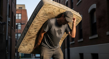 A man in a sweat-stained shirt shows great effort as he carries a heavy, old, and stained mattress on his back through a narrow city alley. The image conveys concepts of hard labor, struggle, poverty, moving, and physical burden.の素材