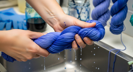 A crafter's hands are squeezing water out of a beautiful skein of hand-dyed blue yarn over a stainless steel sink. The process shows a step in a DIY textile craft, such as knitting or weaving.の素材