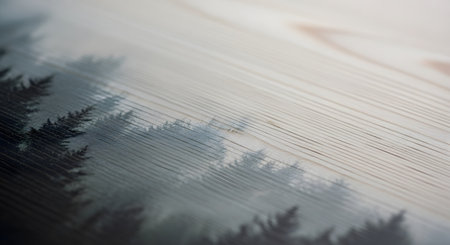 A close-up, angled shot of a misty forest silhouette printed onto a light-colored wooden surface. The natural grain of the wood is visible through the image, creating a unique, rustic, and artistic design effect.の素材