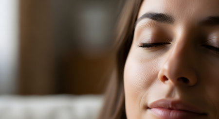 A close-up of a beautiful woman's face with her eyes closed, showing a peaceful and serene expression. The soft focus and calm demeanor suggest relaxation, meditation, mindfulness, and self-care.の素材