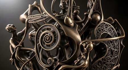 A close-up of a highly intricate and ornate abstract sculpture made of bronze or a similar metal. The complex design features swirling filigree, organic forms, and hidden figures, showcasing masterful craftsmanship in the Art Nouveau or fantasy style.の素材