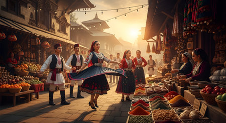 Dancers in colorful traditional folk costumes perform in a bustling outdoor market at sunset, likely in Nepal or a similar region. The vibrant scene is filled with stalls selling spices and produce, celebrating local culture, festivals, and community.の素材