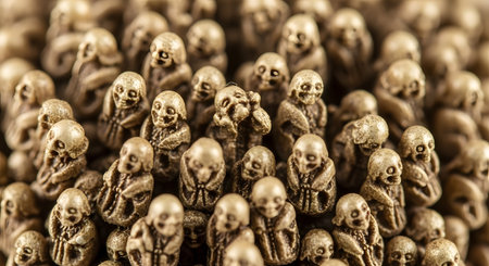 A macro, top-down view of a dense crowd of tiny, mysterious figurines that resemble skeletons or monks. The detailed, uniform figures create a powerful and slightly unsettling pattern, suggesting themes of conformity, death, or spirituality.の素材