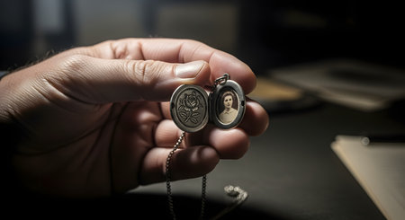 A close-up of a person's hand holding an open antique silver locket, revealing a small, sepia-toned portrait of a woman inside. The dramatic lighting and dark background evoke themes of memory, love, loss, and family history.の素材