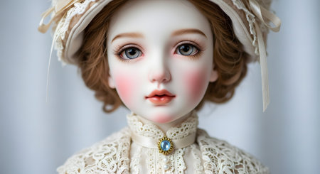 A beautiful but eerie close-up portrait of a vintage porcelain doll with glass eyes, rosy cheeks, and delicate features. The doll is dressed in antique lace, creating a nostalgic, elegant, yet slightly unsettling atmosphere.の素材