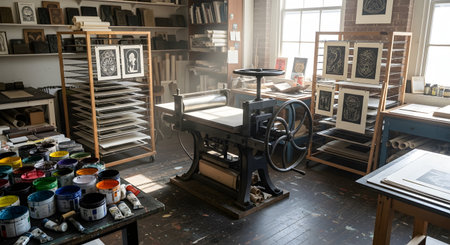 The interior of a traditional printmaking or block printing workshop, featuring a large vintage printing press at its center. The studio is filled with colorful inks, drying racks with fresh prints, and various art supplies, creating an authentic, creative atmosphere.の素材