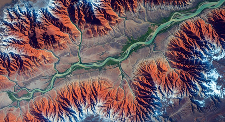 A stunning top-down satellite image captures a winding river flowing through a valley of deeply eroded, reddish-brown mountains with snow-capped peaks. The abstract, natural patterns showcase the beauty and geology of Earth from above.の素材