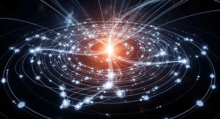 A complex, abstract visualization of a network of interconnected particles and light trails moving through space, centered around a glowing core. This image represents concepts like big data, global communication, neural networks, or the physics of particle collisions.の素材