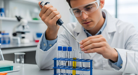 A focused young male scientist in a lab coat and safety goggles uses a micropipette to transfer liquid into a test tube. He is conducting an experiment in a modern laboratory, representing scientific research, biotechnology, and chemical analysis.の素材