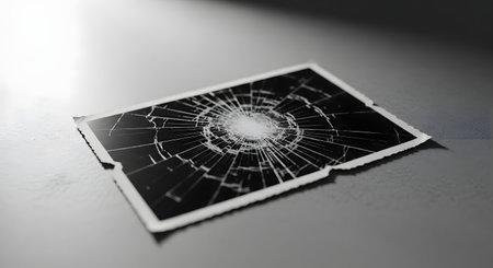 A dramatic black and white image of a photograph that depicts a shattered glass pattern, resembling a bullet hole. This conceptual photo represents broken memories, trauma, loss, or a painful past.の素材