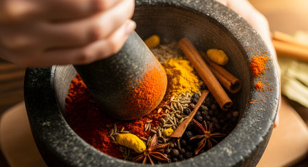 Hands are using a pestle to grind a vibrant blend of whole and powdered spices in a traditional stone mortar. The mix includes colorful turmeric, paprika, cinnamon sticks, star anise, and peppercorns, creating an aromatic base for cooking.の素材