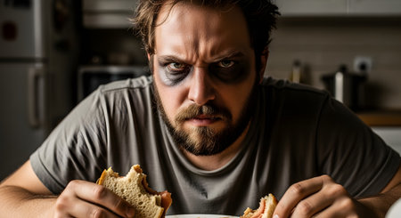 An intense portrait of an angry and exhausted man with dark circles under his eyes, staring fiercely at the camera while eating a sandwich. The image conveys strong feelings of burnout, stress, sleep deprivation, or frustration.の素材