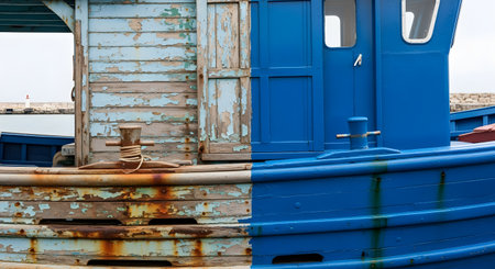 A powerful before-and-after comparison showing the renovation of a wooden boat. One side is old, rusty, and has peeling paint, while the other side is freshly restored with a vibrant new coat of blue paint, symbolizing renewal and restoration.の素材