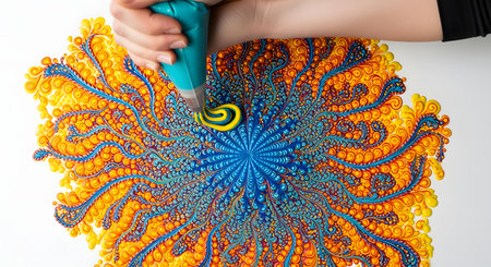 An artist's hand uses a piping bag to create an incredibly intricate and colorful mandala-like pattern. The vibrant yellow, orange, and blue icing or paint is being applied in detailed swirls, demonstrating precision, creativity, and the satisfying process of art.の素材