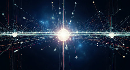 An abstract visualization of a quantum network or data transmission, featuring a central glowing orb connected by countless lines of light to other nodes. The complex web is set against a dark, cosmic background, representing technology, connectivity, and the flow of information.の素材