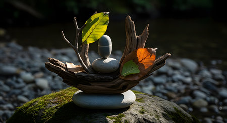 A serene and balanced composition of natural elements, featuring smooth stones stacked on a piece of driftwood with vibrant green and brown leaves. The artful arrangement rests on a moss-covered rock with a softly blurred stream in the background, evoking concepts of harmony, balance, and mindfulness.の素材