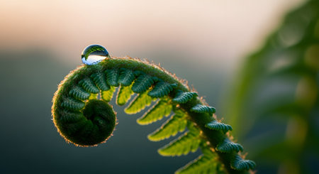 A beautiful macro photograph of a single, clear water droplet perfectly balanced on the tip of a young, unfurling fern frond. The soft morning light illuminates the delicate spiral shape, symbolizing new life, purity, and nature's details.の素材