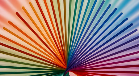 An abstract macro photograph of a rainbow-colored slinky-type coil toy fanned out in a vibrant spectrum of colors. The lines radiate from a central point, creating a dynamic and colorful pattern representing diversity, fun, and joy.の素材