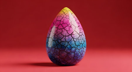 A single, mystical-looking egg with a rainbow-colored shell and a cracked texture stands against a bold red background. This 3D rendered object could be an Easter egg or a fantasy dragon egg, symbolizing birth, potential, and magic.の素材
