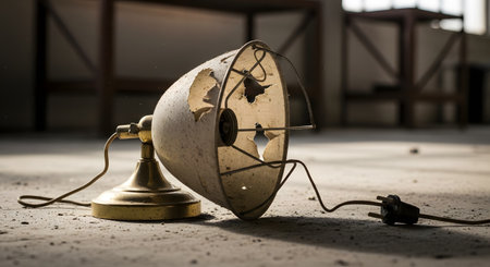 A dusty, broken vintage lamp lies on the dirty concrete floor of an abandoned and derelict room. The damaged lampshade and general state of decay evoke feelings of neglect, forgotten memories, and abandonment.の素材