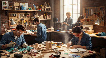 A bustling workshop filled with a diverse team of young inventors and engineers collaborating on various projects. People are seen soldering circuit boards, sketching designs, and operating a 3D printer in a creative, industrial-style makerspace.の素材