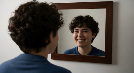 A young person with short, curly hair looks at their reflection in a dark wood-framed mirror and smiles genuinely. The image conveys concepts of self-acceptance, happiness, confidence, and positive self-esteem.の素材
