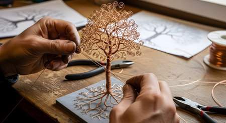 An artist's hands meticulously bend and twist copper wire to create an intricate tree sculpture with detailed roots and branches. Pliers and design sketches are visible on the rustic wooden workbench, showcasing the process of handmade art and craft.の素材