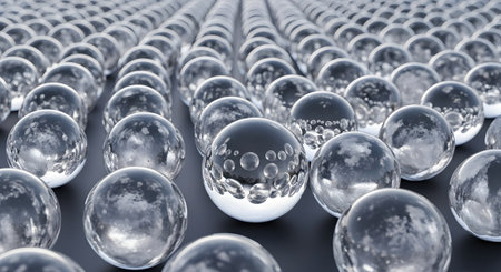 An abstract 3D rendering of an array of reflective chrome spheres, with one unique sphere in the foreground containing bubbles. The image represents concepts like individuality, conformity, scientific models, and standing out from the crowd.の素材