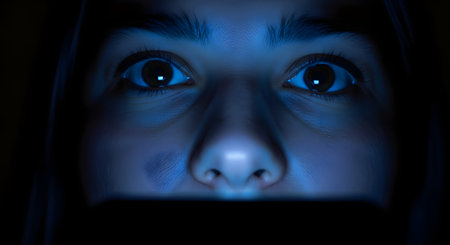 An extreme close-up of a person's wide-open eyes in complete darkness, illuminated only by the cold blue light from a screen like a phone or tablet. The expression conveys shock, fear, surprise, or intense absorption in digital content, hinting at themes of technology addiction or horror.の素材