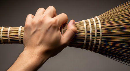 A close-up, dramatically lit shot of a man's hand firmly gripping the handle of a traditional straw broom. The tight, powerful grasp can symbolize concepts such as hard work, control, manual labor, domestic chores, or tradition.の素材