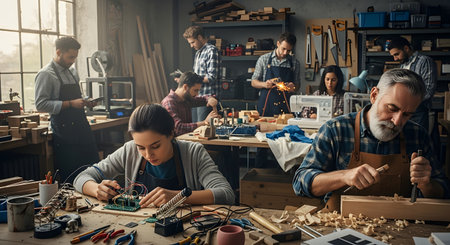 A bustling, collaborative workshop filled with a diverse group of male and female artisans engaged in various crafts like woodworking, electronics, welding, and sewing. The scene highlights creativity, teamwork, skill-sharing, and the maker movement in a shared community space.の素材
