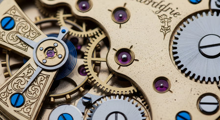 An extreme macro photograph revealing the beautiful and intricate inner mechanism of a high-end mechanical watch. The image showcases the complex arrangement of gears, jewels, springs, and engraved plates, representing precision engineering and luxury craftsmanship.の素材