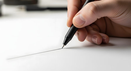 A close-up of a hand holding a black pen and precisely drawing a straight line on a clean sheet of white paper. The minimalist image represents concepts like starting, precision, design, or making a mark.の素材