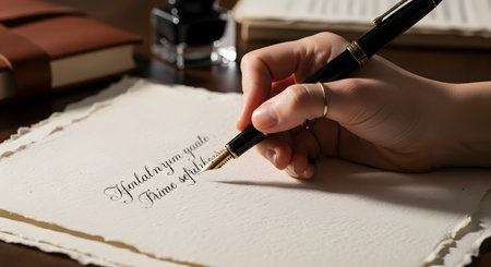 A person's hand holds a classic fountain pen, elegantly writing in cursive script on a piece of textured, handmade paper. The setting, with an inkwell and leather-bound books, evokes a sense of tradition, artistry, and thoughtful communication.の素材