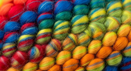 A vibrant, close-up macro shot of thick, multi-colored wool yarn woven or knitted together. The rainbow of colors, including red, blue, green, yellow, and orange, creates a warm and cozy textured background.の素材