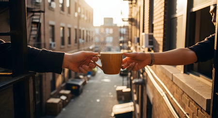 Two people's arms reach out from their respective apartment windows to pass a steaming mug of coffee across an urban alley. This heartwarming image captures a moment of connection, community, friendship, and neighborly kindness in a city environment.の素材