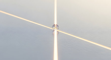 A minimalist and futuristic concept image of a small glass sphere resting at the exact intersection of two glowing lines of light on a smooth, reflective surface. This represents concepts like convergence, precision, connection, and crossroads in technology or science.の素材