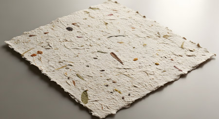A single sheet of rustic, off-white handmade paper with a rough texture lies on a flat surface. Dried leaves, petals, and plant fibers are visibly embedded within the paper, showcasing an eco-friendly and artistic crafting process.の素材