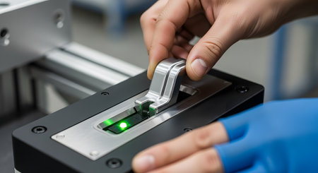 An engineer's hands place a small, complex metal part, created by 3D printing (additive manufacturing), into a quality control inspection machine. A green light indicates that the part has passed the test, representing precision engineering, quality assurance, and industrial technology.の素材