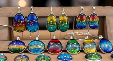 A collection of beautiful handmade dichroic glass jewelry, including pendants and earrings, displayed on a wooden stand. The sparkling, iridescent glass features vibrant colors and abstract wire details, showcasing artisan craft and unique accessories.の素材