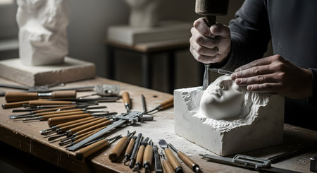 The hands of a sculptor at work, using a mallet and chisel to carve the delicate features of a face into a block of white stone. The artist's workbench is covered with various sculpting tools, showing dedication and craftsmanship.の素材