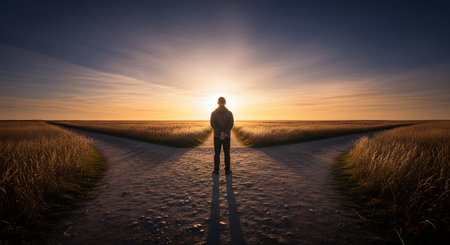 A silhouette of a person stands at a fork in a dirt road, facing a beautiful sunset over vast fields. This conceptual image symbolizes choice, decision-making, life's journey, and future possibilities.の素材