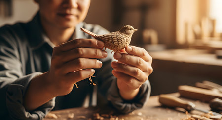 A close-up of a craftsman's hands gently holding a small, intricately carved wooden bird. The artist is blurred in the background of a workshop, with wood shavings on the table, showcasing traditional hobby and artistry.の素材