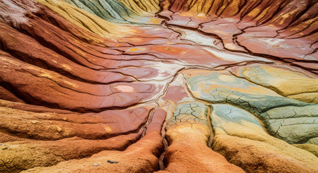 A vibrant, abstract landscape of a dry, arid region, featuring colorful mineral deposits in shades of red, orange, yellow, and green. Intricate erosion patterns and cracks cover the dry, clay-like soil, creating a natural texture.の素材