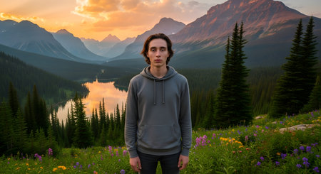 A young man with a serious expression stands in a breathtaking natural landscape at sunset. The background features majestic mountains, a serene lake reflecting the warm sky, lush green forests, and a field of colorful wildflowers, conveying a sense of solitude and connection with nature.の素材