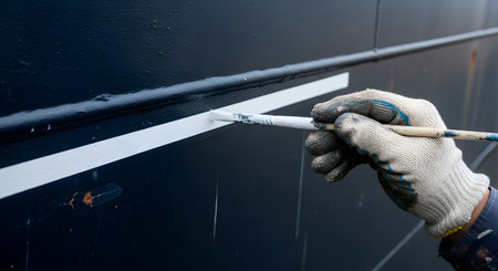 A worker's gloved hand carefully paints a straight white line on a dark, textured metal surface using a small paintbrush. Masking tape is used as a guide to ensure a precise and clean edge for the stripe.の素材