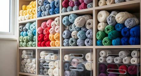 A well-organized wooden shelf filled with colorful skeins of yarn. The yarn is arranged by color, creating a rainbow effect, with some stored in clear plastic bins, perfect for crafting, knitting, or crocheting projects.の素材