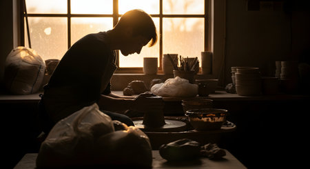 A potter is silhouetted against a sunlit window while skillfully shaping a piece of clay on a pottery wheel. The warm, natural light illuminates the artist's focused work in a rustic, atmospheric workshop.の素材